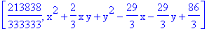 [213838/333333, x^2+2/3*x*y+y^2-29/3*x-29/3*y+86/3]